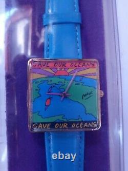 1995 Peter Max Vintage watch save our oceans New Old Stock Blue Leather Band