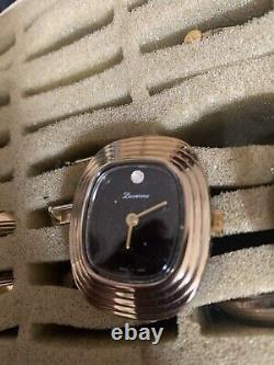 2 NEw old stock 1970s Mint unused LUCERNE Black Face With Rhinestone Windup Watch