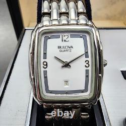 Bulova Tank Watch Men 27mm White Dial Silver Tone Date Rectangle NOS New Battery