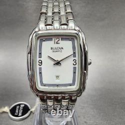 Bulova Tank Watch Men 27mm White Dial Silver Tone Date Rectangle NOS New Battery