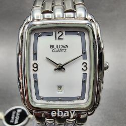Bulova Tank Watch Men 27mm White Dial Silver Tone Date Rectangle NOS New Battery