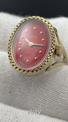 CHAIKA Vintage USSR Women's Mechanical Finger Ring Watch Red Dial NOS Box