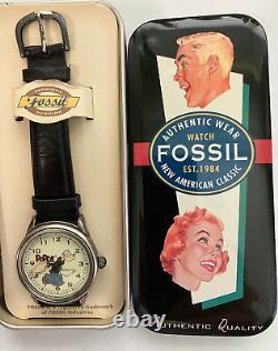 FOSSIL WATCH POPEYE NOS/NIB 03317, S/S Black Leather band, New Battery, Cert