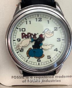 FOSSIL WATCH POPEYE NOS/NIB 03317, S/S Black Leather band, New Battery, Cert