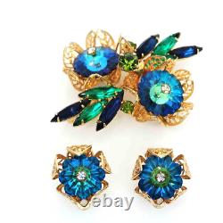 Juliana Rivioli Brooch & Clip Earrings Set Blue with Gold Filigree New Old Stock