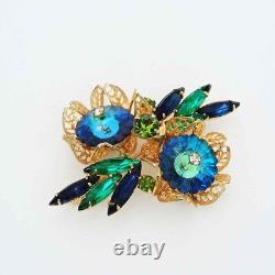 Juliana Rivioli Brooch & Clip Earrings Set Blue with Gold Filigree New Old Stock