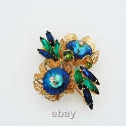 Juliana Rivioli Brooch & Clip Earrings Set Blue with Gold Filigree New Old Stock