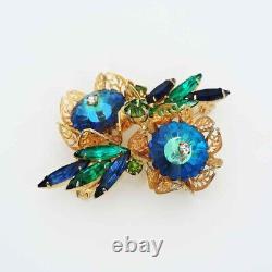 Juliana Rivioli Brooch & Clip Earrings Set Blue with Gold Filigree New Old Stock