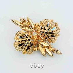 Juliana Rivioli Brooch & Clip Earrings Set Blue with Gold Filigree New Old Stock