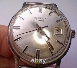 Mint Vintage Mens Sekonda Chrome St/Steel Date Watch 17 Jewel USSR New Old Stock