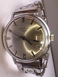 Mint Vintage Mens Sekonda Chrome St/Steel Date Watch 17 Jewel USSR New Old Stock