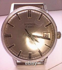 Mint Vintage Mens Sekonda Chrome St/Steel Date Watch 17 Jewel USSR New Old Stock