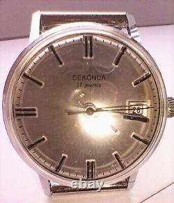 Mint Vintage Mens Sekonda Chrome St/Steel Date Watch 17 Jewel USSR New Old Stock