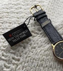 NEW OLD STOCK 90s Citizens Mens Dress Watch Leather Band Gold Tone Black Dial