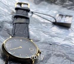 NEW OLD STOCK 90s Citizens Mens Dress Watch Leather Band Gold Tone Black Dial