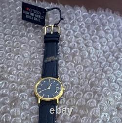 NEW OLD STOCK 90s Citizens Mens Dress Watch Leather Band Gold Tone Black Dial