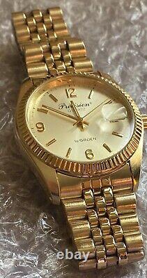 NOS Gruen Gold Tone Mens Watch Date /Just Jubilee Style Bracelet Fluted Bezel