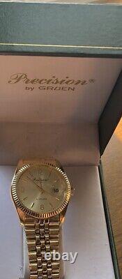 NOS Gruen Gold Tone Mens Watch Date /Just Jubilee Style Bracelet Fluted Bezel