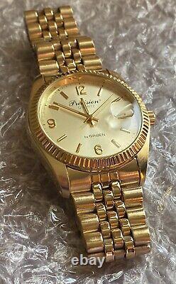 NOS Gruen Gold Tone Mens Watch Date /Just Jubilee Style Bracelet Fluted Bezel