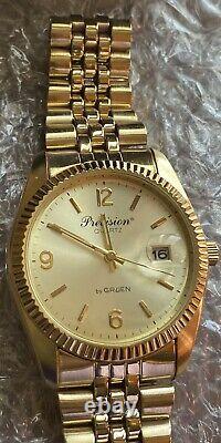 NOS Gruen Gold Tone Mens Watch Date /Just Jubilee Style Bracelet Fluted Bezel