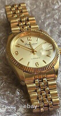 NOS Gruen Gold Tone Mens Watch Date /Just Jubilee Style Bracelet Fluted Bezel