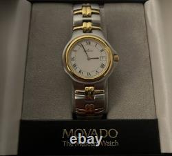 NOS Movado Olympian Watch Men 35mm White Dial Two Tone Date ORIGINAL BOX