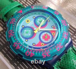 NOS Swatch Blue Sky Aquachrono Watch SBN100 Green Leather Band Chrono Vintage