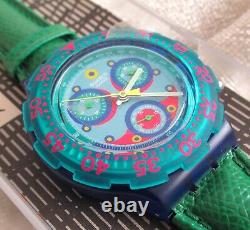 NOS Swatch Blue Sky Aquachrono Watch SBN100 Green Leather Band Chrono Vintage