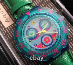 NOS Swatch Blue Sky Aquachrono Watch SBN100 Green Leather Band Chrono Vintage