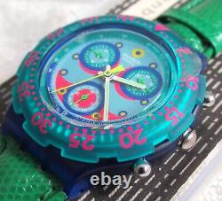 NOS Swatch Blue Sky Aquachrono Watch SBN100 Green Leather Band Chrono Vintage