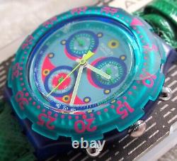 NOS Swatch Blue Sky Aquachrono Watch SBN100 Green Leather Band Chrono Vintage