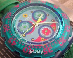 NOS Swatch Blue Sky Aquachrono Watch SBN100 Green Leather Band Chrono Vintage