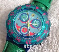 NOS Swatch Blue Sky Aquachrono Watch SBN100 Green Leather Band Chrono Vintage