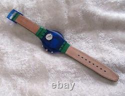 NOS Swatch Blue Sky Aquachrono Watch SBN100 Green Leather Band Chrono Vintage