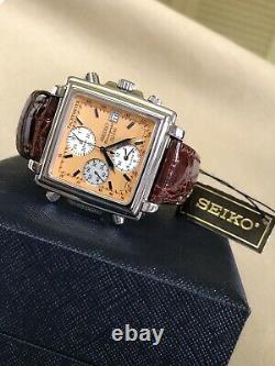 NOS! ULTRA RARE Seiko SQ MONACO TANK QUARTZ CHRONOGRAPH SALMON DIAL 7T32-5A09