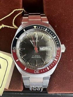 NOS VTG Elgin Diver Pepsi Bezel 17j Selfwinding Mens Watch With Orig Box Runs L@@K