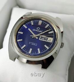 NOS Vintage OMAX Automatic Day-Date men's watch Swiss Made Blue Dial AS 2066