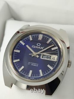 NOS Vintage OMAX Automatic Day-Date men's watch Swiss Made Blue Dial AS 2066