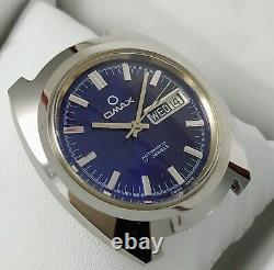 NOS Vintage OMAX Automatic Day-Date men's watch Swiss Made Blue Dial AS 2066