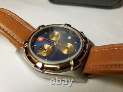 NOS Wenger SAK Chronograph Watch Brown Leather Band Royal Blue Face Gold Dials