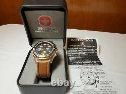 NOS Wenger SAK Chronograph Watch Brown Leather Band Royal Blue Face Gold Dials