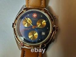 NOS Wenger SAK Chronograph Watch Brown Leather Band Royal Blue Face Gold Dials