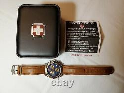 NOS Wenger SAK Chronograph Watch Brown Leather Band Royal Blue Face Gold Dials