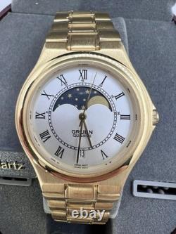 New Old Stock Gruen Gold Tone Moonphase Classy Elegant Preppy Sleek Watch Unique