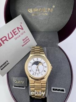 New Old Stock Gruen Gold Tone Moonphase Classy Elegant Preppy Sleek Watch Unique