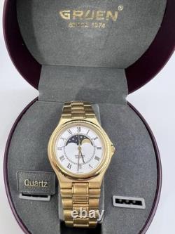 New Old Stock Gruen Gold Tone Moonphase Classy Elegant Preppy Sleek Watch Unique