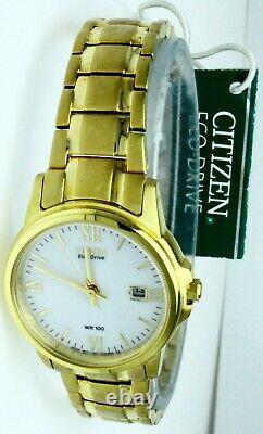 New Old Stock Ladies Citizen Eco Drive S. Steel Gold Plated White Face Watch Date