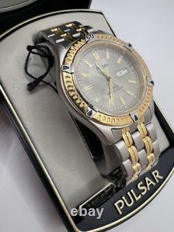 New Old Stock Pulsar Gold Silver Tone Quartz Day Date Box And Paper 100m Wr