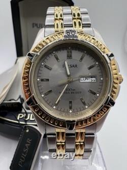New Old Stock Pulsar Gold Silver Tone Quartz Day Date Box And Paper 100m Wr