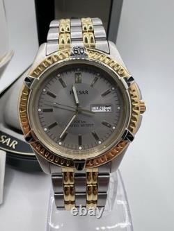 New Old Stock Pulsar Gold Silver Tone Quartz Day Date Box And Paper 100m Wr
